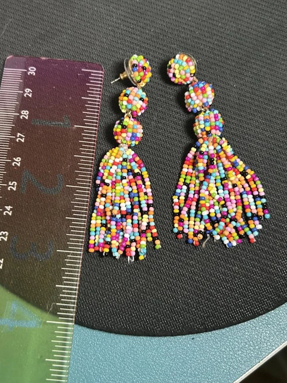 Multi Color Seed Bead Tiered Ball Tassel Dangle Statement Earrings